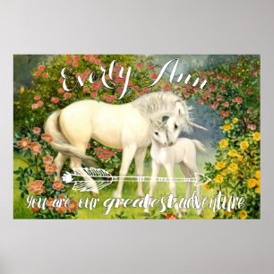 Poster Maman licorne et bébé parmi les fleurs au printemp
