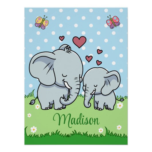 Poster Maman mignonne et Eléphant bébé, Personnalisé (Devant)