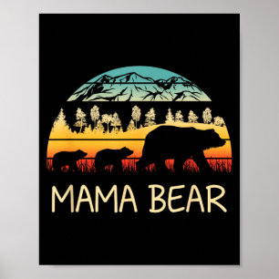 Poster Maman ours avec 2 oursons montagnes rétro fête des