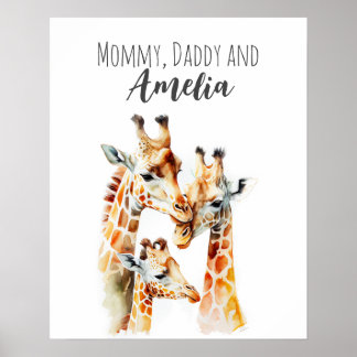 Poster Maman, papa & moi | Girafe | Art de nurserie anima