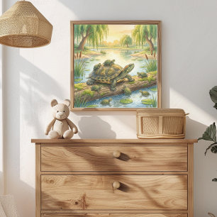 Poster Maman Tortue et Jeunes Tortues dans la Nurserie de