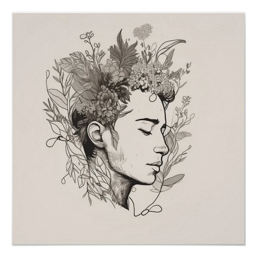 Poster Man Black Line Art avec Flower Boho style (Devant)