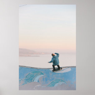 Poster Man in blue skateboarding on wall in beach