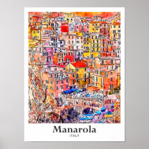 Poster Manarola Italie Voyage Aquarelle main dessinée cro