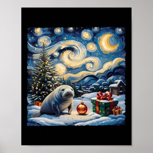 Poster Manatee Van Gogh Style Starry Night Christmas Wint (Devant)