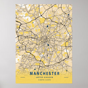 Poster Manchester - Royaume-Uni Carte de la ville jaune