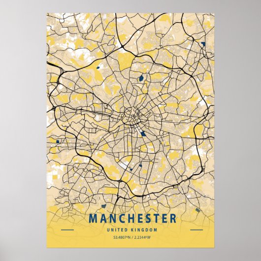 Poster Manchester - Royaume-Uni Carte de la ville jaune (Devant)