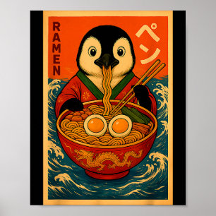 Poster Manchot mangeant des nouilles japonaises Ramen drô