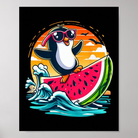 Poster Manchot Sungles Surf de pastèque Été Coucher de so (Devant)