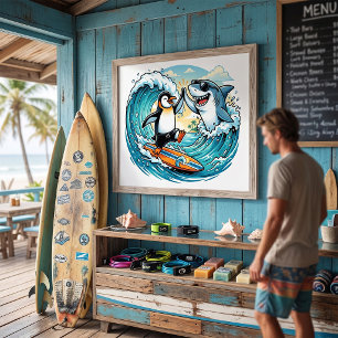 Poster Manchot surfeur et requin high five