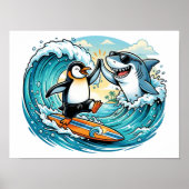 Poster Manchot surfeur et requin high five (Devant)