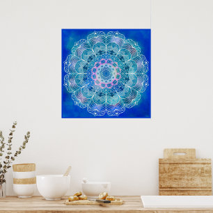 Poster Mandala 12 Turquoise bleu sur Arrière - plan bleu