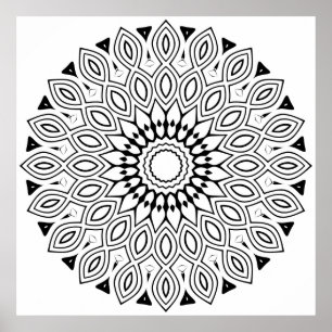 Poster Mandala à bordure de feuilles bouclées avec symétr