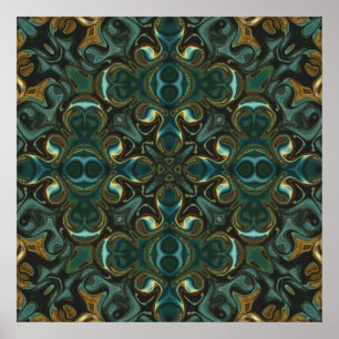 Poster Mandala abstrait symétrique émeraude et or