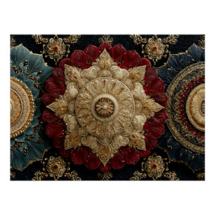 Poster Mandala de bijou en ornement doré sarcelle cramois