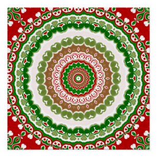 Poster Mandala de Noël en or rouge, vert et chaud
