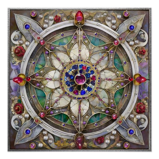 Poster Mandala de rubis, d'améthyste, de saphir et de per (Devant)