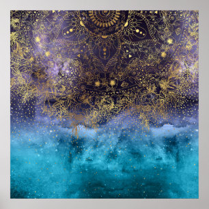 Poster Mandala et confetti à fleurs d'or