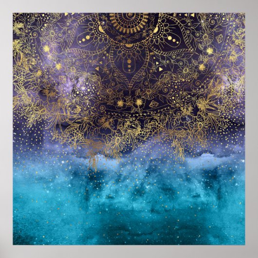 Poster Mandala et confetti à fleurs d'or (Devant)