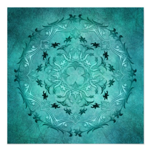Poster Mandala ethnique floral turquoise grunge. (Devant)