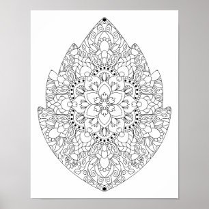 Poster Mandala Floral en Forme de Feuille pour Coloriage