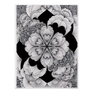 Poster Mandala Floral Monochrome Élégant Noir Et Blanc