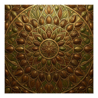 Poster Mandala florale en bronze doré orné en relief