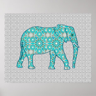 Poster Mandala flower elephant - turquoise, grey & white