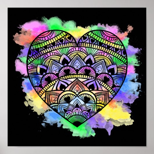 Poster Mandala Heart Multicolor Aquarelle Imprimer (Devant)