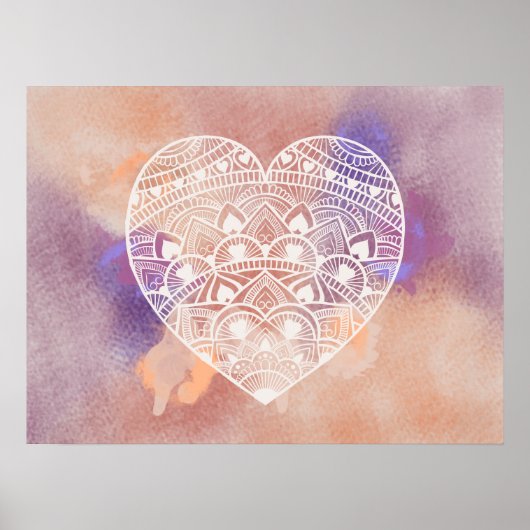 Poster Mandala Heart Soft Peach Purple Aquarelle Imprimer (Devant)