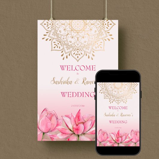 Poster Mandala indien en or rose lotus bienvenue mariage