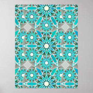 Poster Mandala Motif, Turquoise, gris argenté et blanc