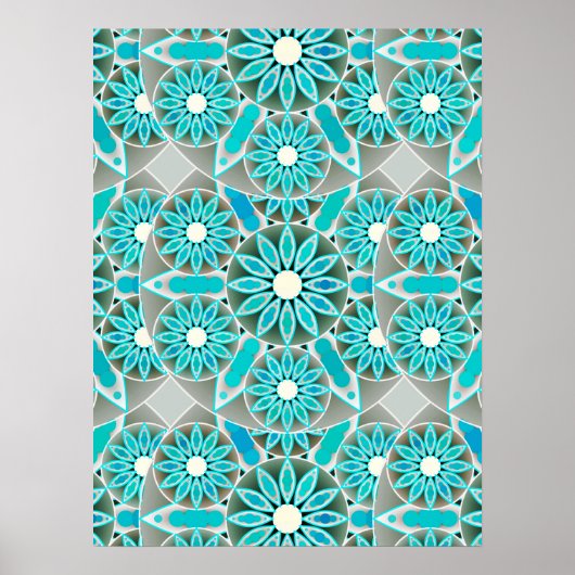 Poster Mandala Motif, Turquoise, gris argenté et blanc (Devant)