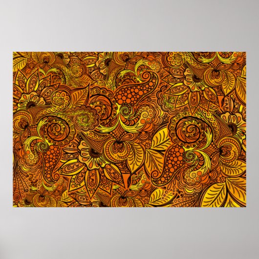 Poster Mandala nature gold tentacles, flowers and leaves. (Devant)