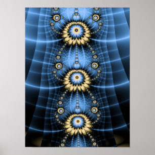 Poster Mandala Ornemental Fractal Bleu à Motif Symétrique