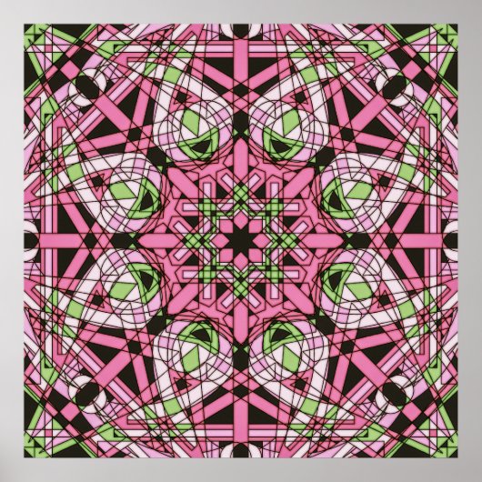 Poster Mandala psychédélique rose et vert en kaléidoscope (Devant)