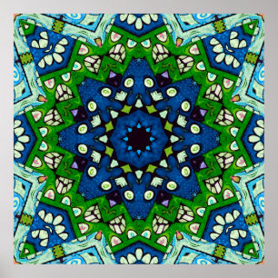 Poster Mandala Retro Mosaic Vert Motif bleu
