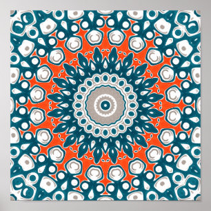 Poster Mandala symétrique sarcelle et corail audacieux