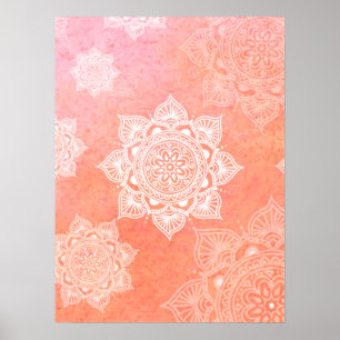 Poster Mandalas blancs sur arrière - plan de marbre coral
