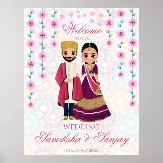 Poster Mandalas de fleurs roses illustration couple indie (Devant)