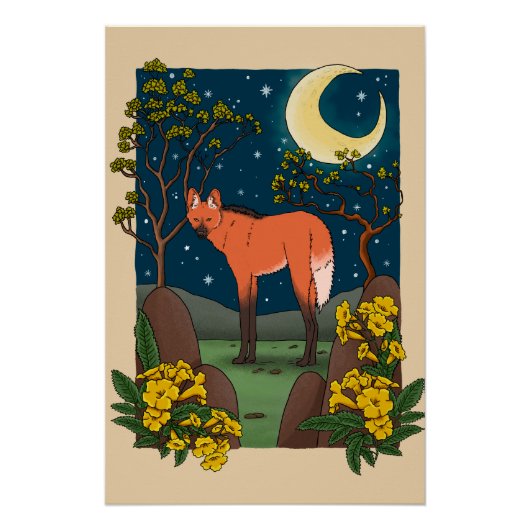 Poster Maned Wolf and Ipe Flower Pillow - Brazilian Anima (Devant)