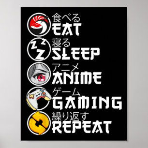 Poster Manger Dormir Anime Jeux Rétro Répéter Kawaii Anim