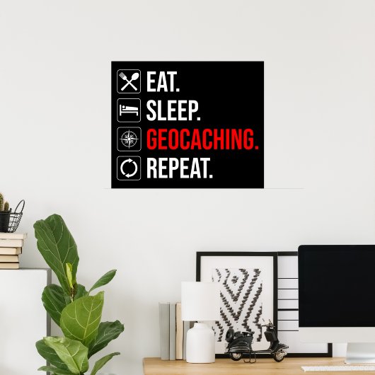 Poster Manger. Dormir. Géocaching. Recommencer (Bureau à domicile)