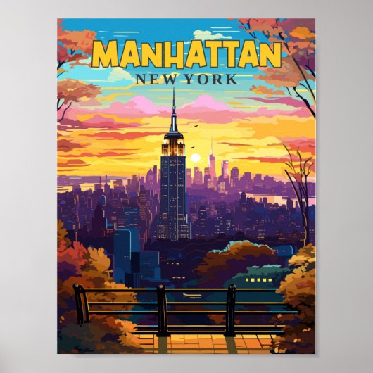 Poster Manhattan New York USA illustration de voyage vint (Devant)