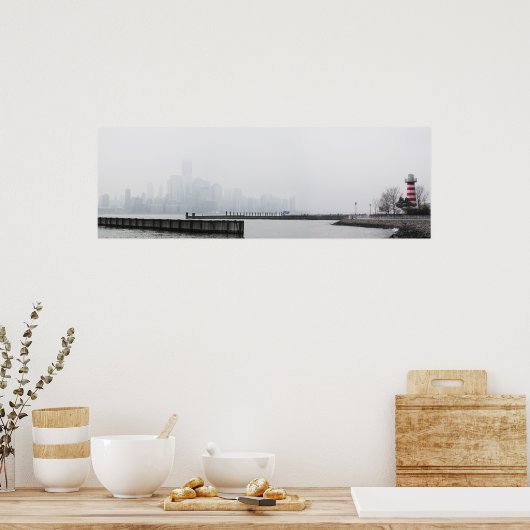 Poster Manhattan Skyline dans le brouillard avec phare (Cuisine)