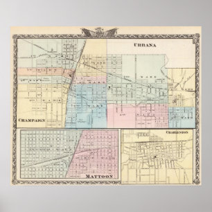 Poster Map of Champaign, Urbana, Mattoon and Charleston