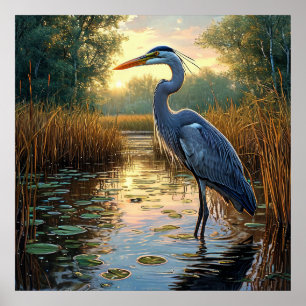 Poster 🌿 Marais Élégant de Héron Brumeux Scène Naturelle
