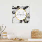 Poster Marbre blanc moderne avec Monogramme de ruban or (Cuisine)