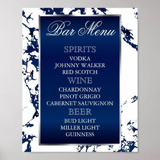 Poster Marbre Bleu Marine, Argent & Blanc - Menu du Bar (Devant)