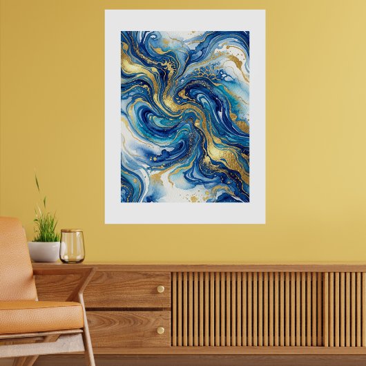 Poster Marbre Bleu Or Luxe Abstrait Art Fluide Mural (Salon 2)